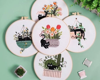 Kit de broderie de chat pour débutant floral moderne Kit de broderie végétale à la main avec motif Kit complet avec cerceau de broderie Kit de création manuelle