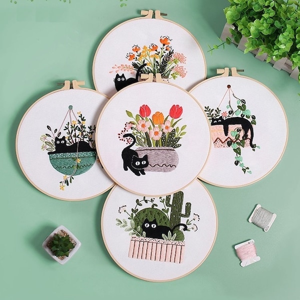 Cat Embroidery Kit For Beginner floral Modern Plant hand Embroidery Kit with Pattern Full Kit with Needlepoint Hoop DIY Craft Kit