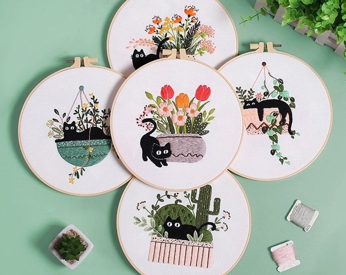 Cat Embroidery Kit For Beginner floral Modern Plant hand Embroidery Kit with Pattern Full Kit with Needlepoint Hoop DIY Craft Kit