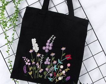 Kit de bordado para principiantes, bolsa de lona, kit de bordado a mano con plantas florales modernas, bolsa de bordado DIY, bordado, kits de bordado DIY