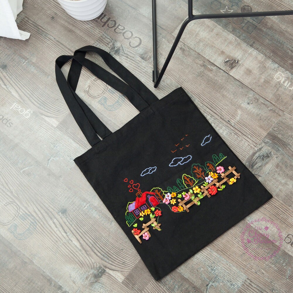 Desunat DIY Embroidery kit for Adults Black Canvas Tote Bag,Cross Stitch  Kit Include Embroidery Bag,Instructions,Embroidery Hoops,Color Threads and