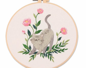 Cat Embroidery Kit For Beginner floral Modern Plant hand Embroidery Kit with Pattern Full Kit with Needlepoint Hoop DIY Craft Kit