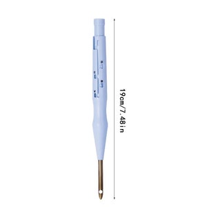 May include: A blue plastic yarn needle with a metal tip and a sliding gauge with markings for different yarn sizes. The needle is 7.48 inches long.
