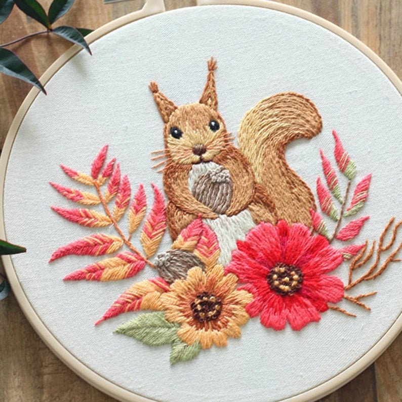 Embroidery Kit Beginner, Full Kit with Hoop, Unicorn Squirrel Hand embroidery,Crewel embroidery, DIY Craft Kit Needlepoint Hoop Wall Art Kit Pattern D