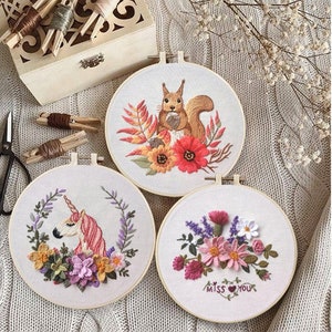 Embroidery Kit Beginner, Full Kit with Hoop, Unicorn Squirrel Hand embroidery,Crewel embroidery, DIY Craft Kit Needlepoint Hoop Wall Art Kit image 5