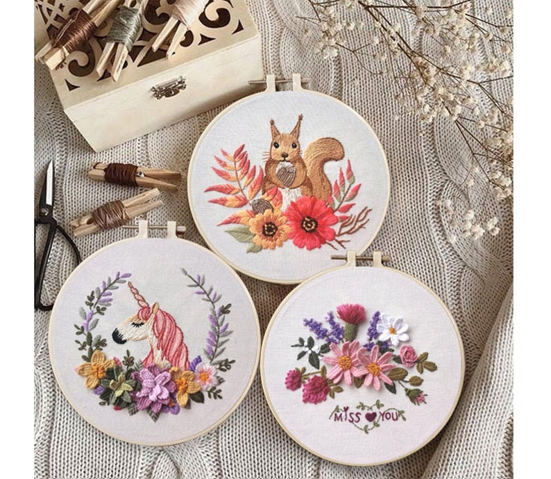 Embroidery Kit Beginner, Full Kit with Hoop, Unicorn Squirrel Hand embroidery,Crewel embroidery, DIY Craft Kit Needlepoint Hoop Wall Art Kit image 5