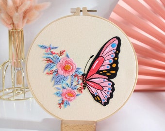 Butterfly Embroidery Kit For Beginner floral Modern Plant hand Embroidery Kit with Pattern Full Kit with Needlepoint Hoop DIY Craft Kit