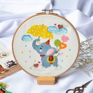 Elephant Embroidery Kit beginner, Beginner Embroidery kit,embroidery kit, Raccoon bicycle, balloon, Animal, yellow unbrella cloud rain