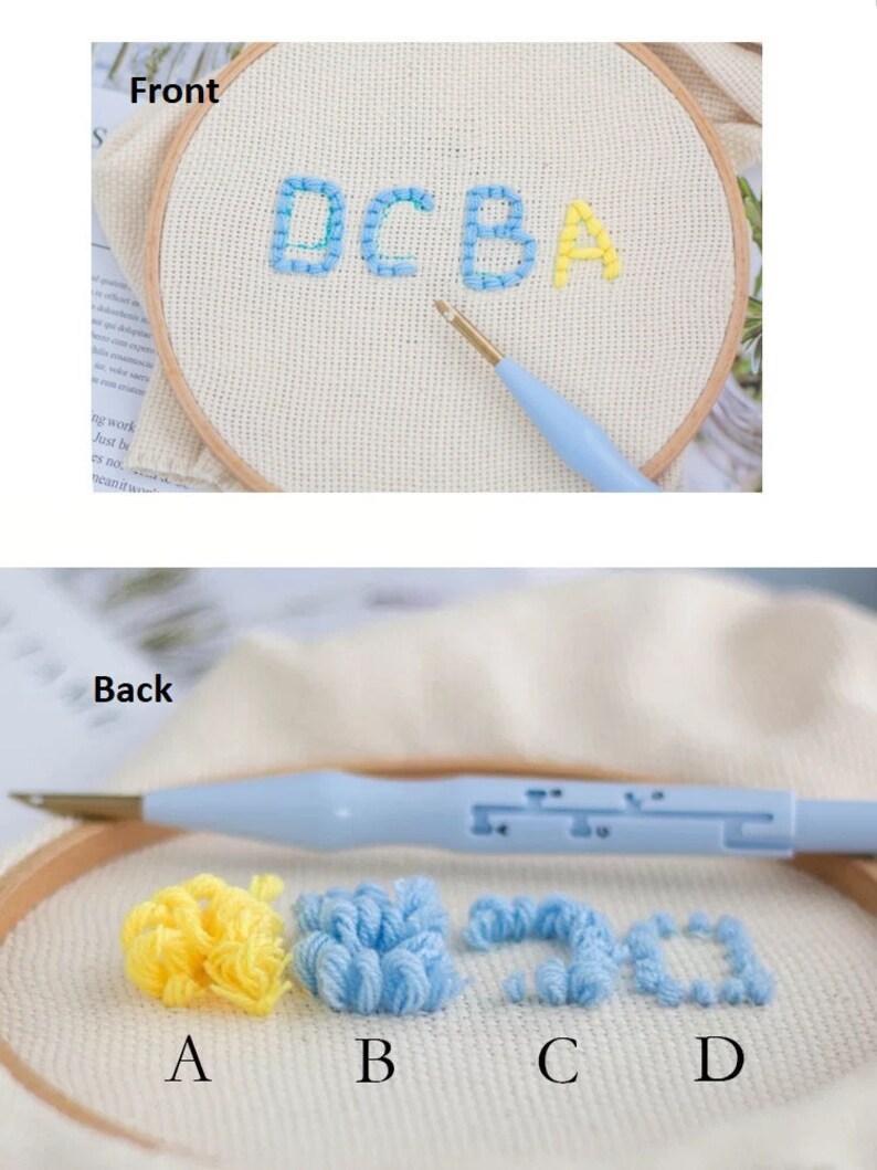 May include: Close-up of a embroidery hoop with the letters DCBA stitched in blue thread. The back of the hoop shows four different colored yarn pom-poms labeled A, B, C, and D.