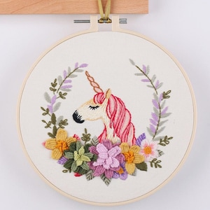 Embroidery Kit Beginner, Full Kit with Hoop, Unicorn Squirrel Hand embroidery,Crewel embroidery, DIY Craft Kit Needlepoint Hoop Wall Art Kit Pattern E