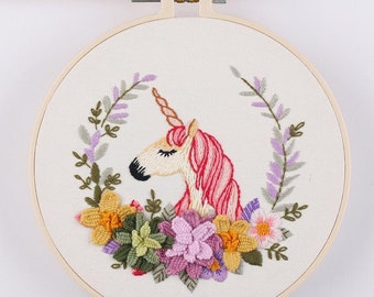 Kit de bordado para principiantes, kit completo con bastidor, bordado a mano de unicornio y ardilla, bordado Crewel, kit de manualidades DIY, kit de bordado con bastidor, kit de arte mural.