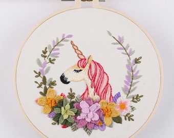 Embroidery Kit Beginner, Full Kit with Hoop, Unicorn Squirrel Hand embroidery,Crewel embroidery, DIY Craft Kit Needlepoint Hoop Wall Art Kit