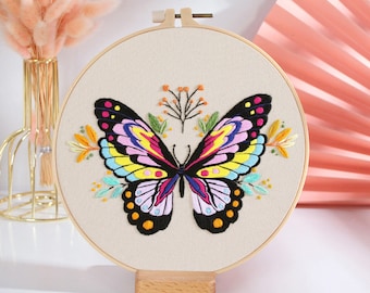 Butterfly Embroidery Kit For Beginner floral Modern Plant hand Embroidery Kit with Pattern Full Kit with Needlepoint Hoop DIY Craft Kit