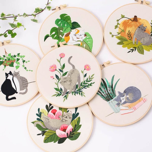 Cat Embroidery Kit For Beginner floral Modern Plant hand Embroidery Kit with Pattern Full Kit with Needlepoint Hoop DIY Craft Kit