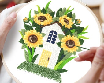 DIY Embroidery Kit beginner, Beginner Embroidery kit, Modern embroidery kit cross stitch, Hand Embroidery Kit, Needlepoint, Sunflower house