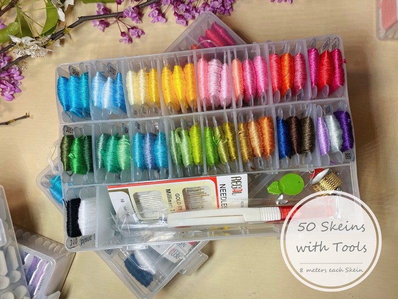 Embroidery Floss for Cross Stitch, Embroidery Thread String Kit, 80 Skeins, 40 Skeins, 50 Skein and Floss Bobbins with organizer storage box 50 Skeins W Tools-8M