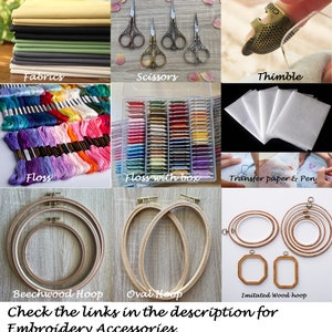 May include: A collection of embroidery supplies including fabrics, scissors, a thimble, floss, a floss box, transfer paper, a pen, and wooden embroidery hoops.