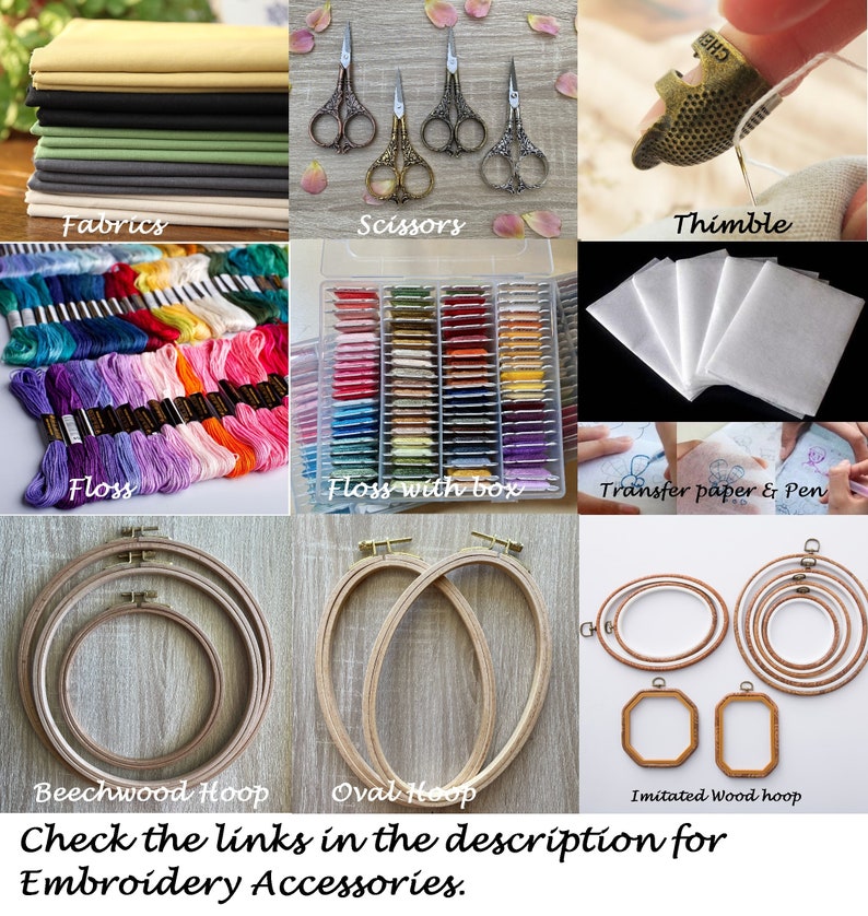 May include: A collection of embroidery supplies including fabrics, scissors, a thimble, floss, a floss box, transfer paper, a pen, and wooden embroidery hoops.