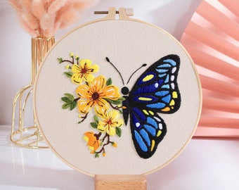 Butterfly Embroidery Kit For Beginner floral Modern Plant hand Embroidery Kit with Pattern Full Kit with Needlepoint Hoop DIY Craft Kit