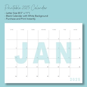 2025 Calendar - Printable Monthly Planner - Letter Size, 8.5x11, Digital Download, Modern, Minimal, Pastel