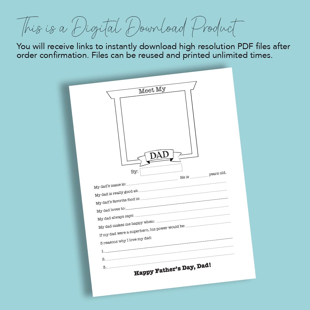 Father's Day Coloring Page | Printable All About Dad | Father’s Day Activity | Digital Download for Kids