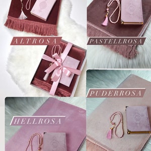 , Geschenkset mit Koran, Gebetskette, Gebetskleidung, Surenbuch, Minikorananhänger, Misk (Duftöl)