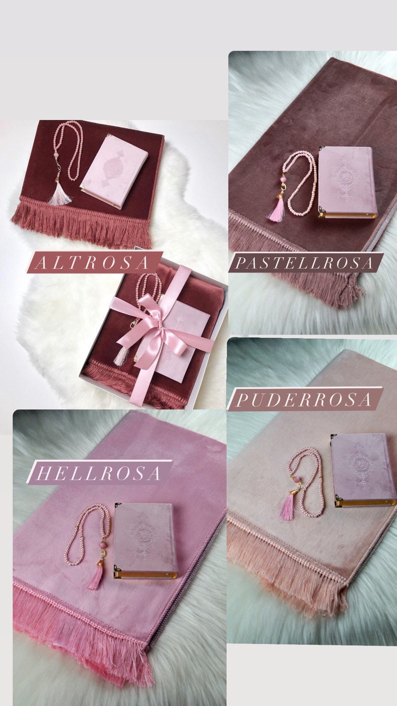 , Geschenkset mit Koran, Gebetskette, Gebetskleidung, Surenbuch, Minikorananhänger, Misk (Duftöl)