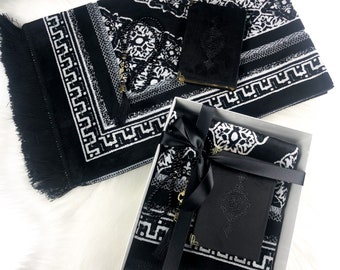 Tapis de prière à paillettes noir avec coffret cadeau (Sajadah/Prayer rug/prayer mat) Set+Coran+Tasbeh en boîte| Cadeau d’anniversaire| Islamic gift