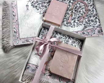Ensemble de tapis de prière Lale (Sajadah) + Coran (Coran) + perles de prière (Tasbeeh) dans une boîte cadeau | Cadeau d'anniversaire islamique | Cadeau islamique