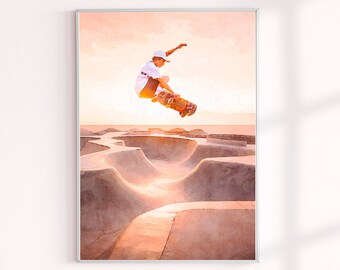 Skateboard Poster Print, Venice Beach Sunset Art Prints, Beach Wall Art, Coastal Wall Decor, Skater Boy Wall Collage