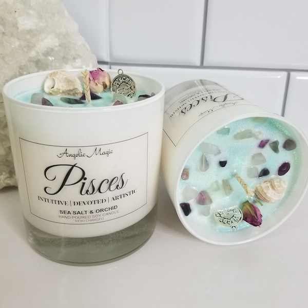 Pisces Zodiac Crystal Soy Candle - Reiki Charged - Generous- Intuitive - Devoted - Artistic - Natural Gemstones - Crystals -AAA Quality