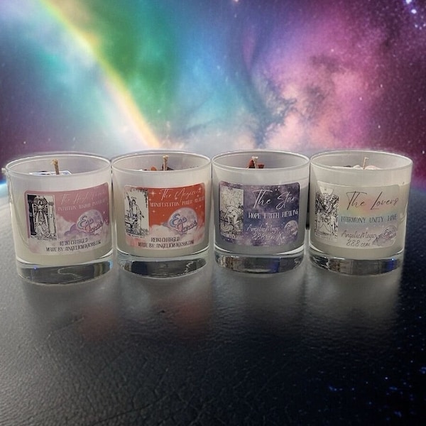 Eso Tarot -Empresss, Star, Magician, Lovers & High Priestess (5) Bundle Crystal Candle with Mini Tarot Card