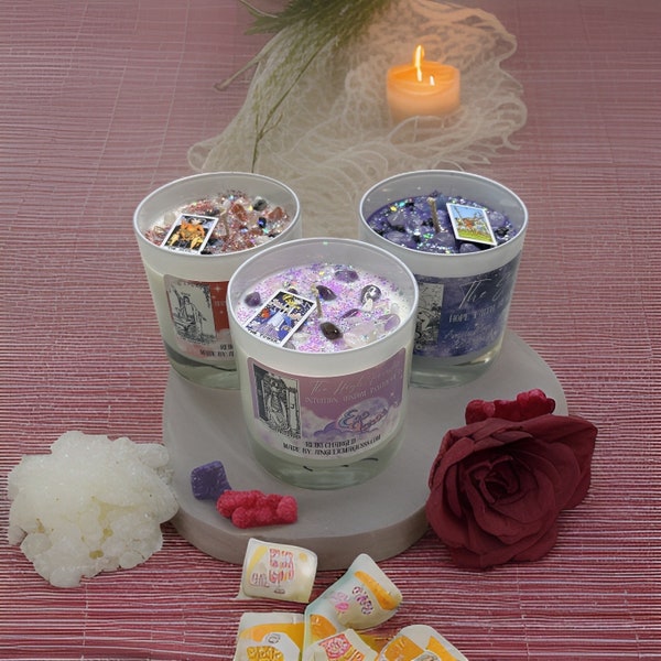 Eso Tarot - Star, Magician & High Priestess Bundle Crystal Candle with Mini Tarot Card