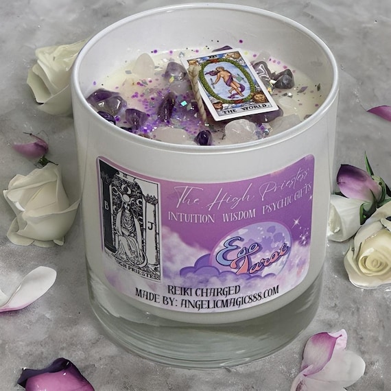 Eso Tarot - High Priestess Crystal Candle With Amethyst and