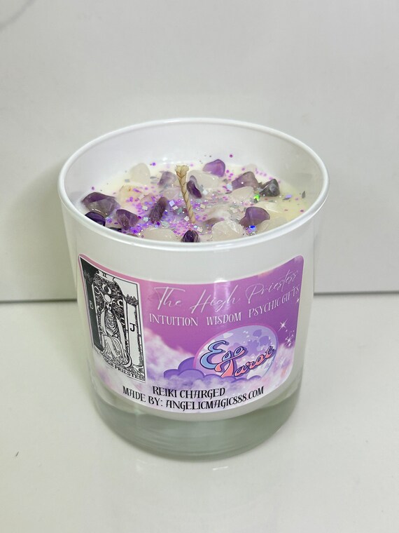 Eso Tarot - High Priestess Crystal Candle With Amethyst and
