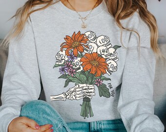 Skeleton Flowers Sweatshirt, Skeleton Sweatshirt, Skeleton Sweater, Halloween Sweatshirts, Halloween Crewneck, Spooky, Halloween Clothes
