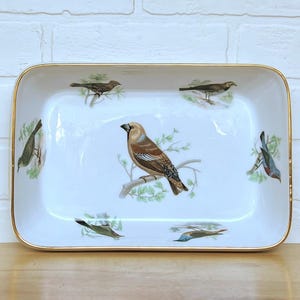 May include: Rectangular white ceramic serving dish with a gold rim, featuring painted illustrations of various birds perched on branches. The central bird is brown and tan, surrounded by smaller bird illustrations.