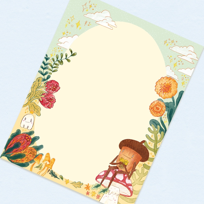 May include: A whimsical stationery sheet with a light yellow center, framed by colorful illustrations. The border features flowers, leaves, and a cartoon acorn character sitting on a mushroom. The top has clouds and stars.