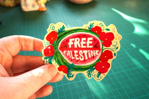 Free Palestine Sticker - Vinyl Fundraising Sticker Watermelon Poppies