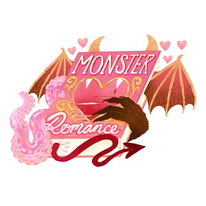 May include: Watercolor illustration of a book titled "Monster Romance" with a heart-shaped design. A monster hand, devil tail, horns, wings, and tentacles surround the book. The color palette includes pink, red, brown, and gold.
