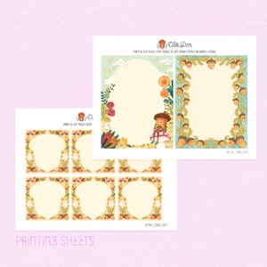 May include: Sheets of printable note pages with whimsical illustrations. The designs feature floral and mushroom motifs, with text that reads "Print & Cut These Note Pages to Jot Down Notes or Write Letters" and "Oak Den". The sheets are on a light pink background.