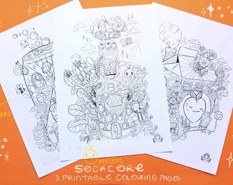 May include: Three printable coloring pages featuring whimsical illustrations of strawberry, melon, and peach-themed designs. Each page is filled with detailed line art, perfect for coloring. The pages are displayed on an orange background.