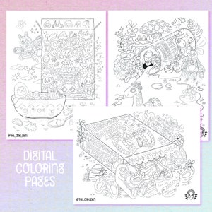 Cryptid Snacks digital coloring pages - The Oak den including mothman, bigfoot, the loch ness monster,
