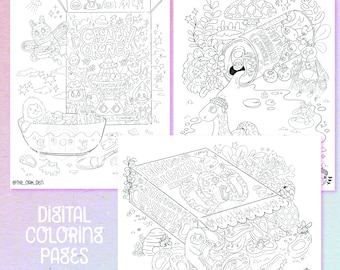 Pages à colorier numériques de Cryptid Snacks - La tanière du chêne, y compris l'homme aux papillons, le bigfoot, le monstre du loch ness,