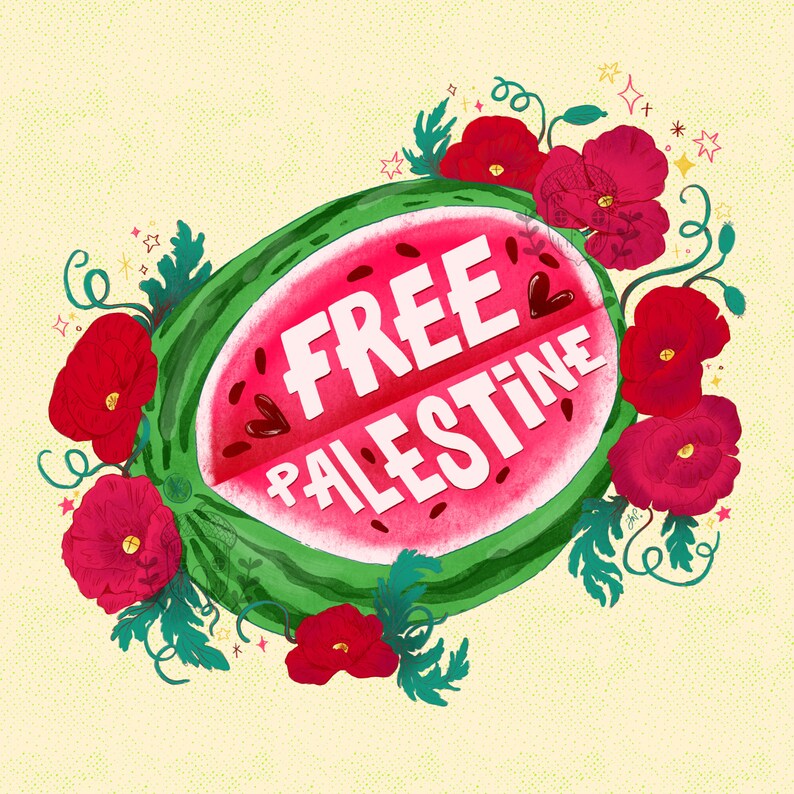 Peut inclure: Illustration d'une tranche de past&egrave;que avec l'inscription "FREE PALESTINE" en blanc. La past&egrave;que est entour&eacute;e de coquelicots rouges et de feuilles vertes, sur un fond jaune clair avec des &eacute;toiles.
