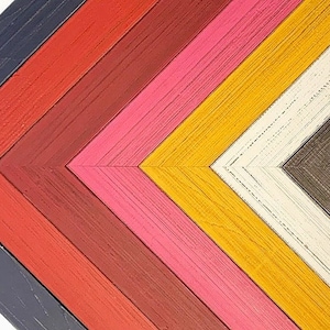 May include: A close-up of six different colored picture frames, each with a wood grain texture. The frames are arranged in a fan shape, with the darkest frame on the left and the lightest frame on the right. The frames are all the same size and shape.