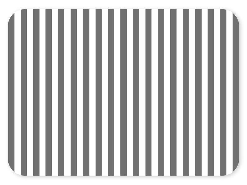 May include: A rectangular placemat with rounded corners features a pattern of vertical stripes. Alternating stripes are white and gray. The placemat is designed for use in a dining setting.