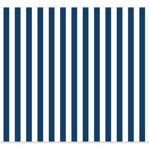 May include: Rectangular placemat with rounded corners. The placemat features a pattern of vertical stripes in navy blue and white. The stripes are evenly spaced and run the entire length of the placemat.
