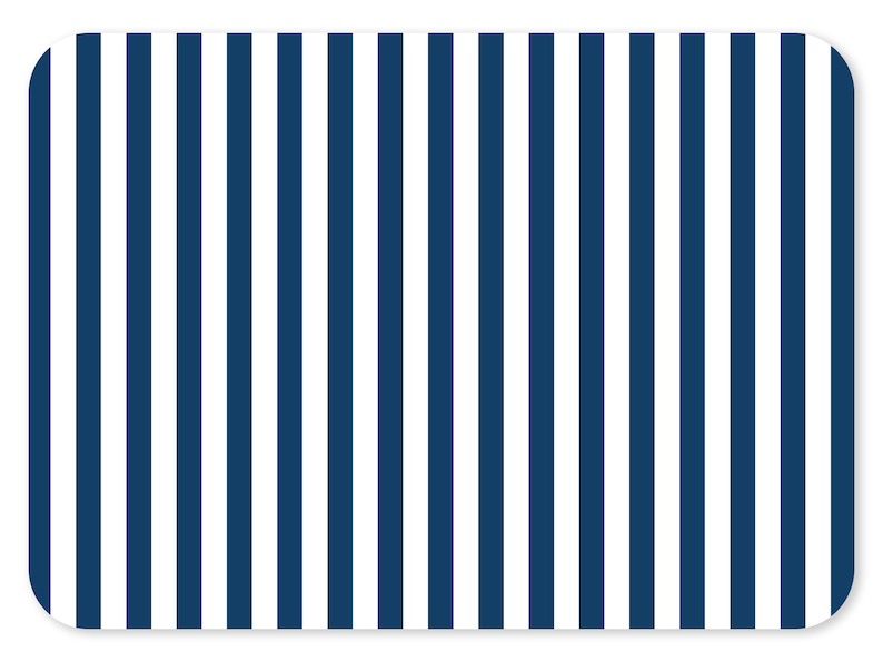 May include: Rectangular placemat with rounded corners. The placemat features a pattern of vertical stripes in navy blue and white. The stripes are evenly spaced and run the entire length of the placemat.