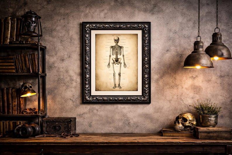 Puede incluir: Un grabado enmarcado de un esqueleto anat&oacute;mico. El marco negro tiene un dise&ntilde;o decorativo de calaveras. La impresi&oacute;n est&aacute; sobre papel envejecido y muestra una ilustraci&oacute;n detallada del sistema esquel&eacute;tico humano. La imagen se muestra en una habitaci&oacute;n con decoraci&oacute;n antigua.